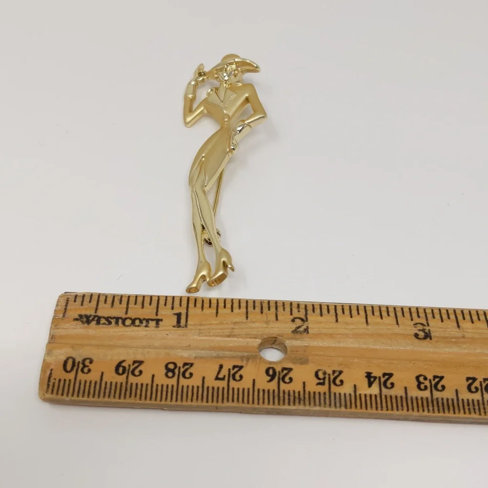 AJC Vintage Lady in Hat Gold Tone Brooch Pin Signed Shiny Brushed Tone